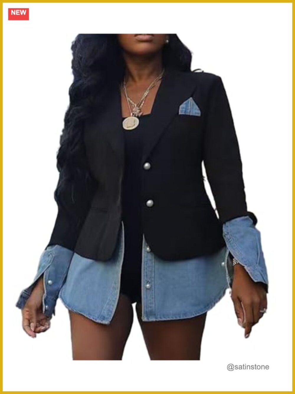 Women's Denim Blazer Jacket Long Sleeve Notched Lapel Trendy Coat